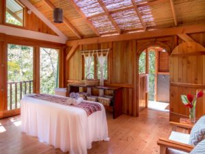 A wooden massage room with a beautiful view